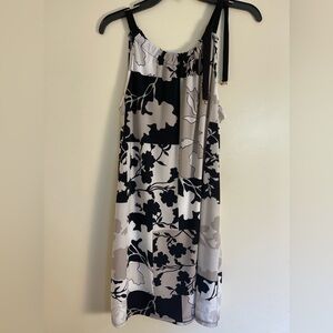 Alfani Floral Patchwork Beige Black Midi Sleeveless Dress Tie Shoulder Sz M